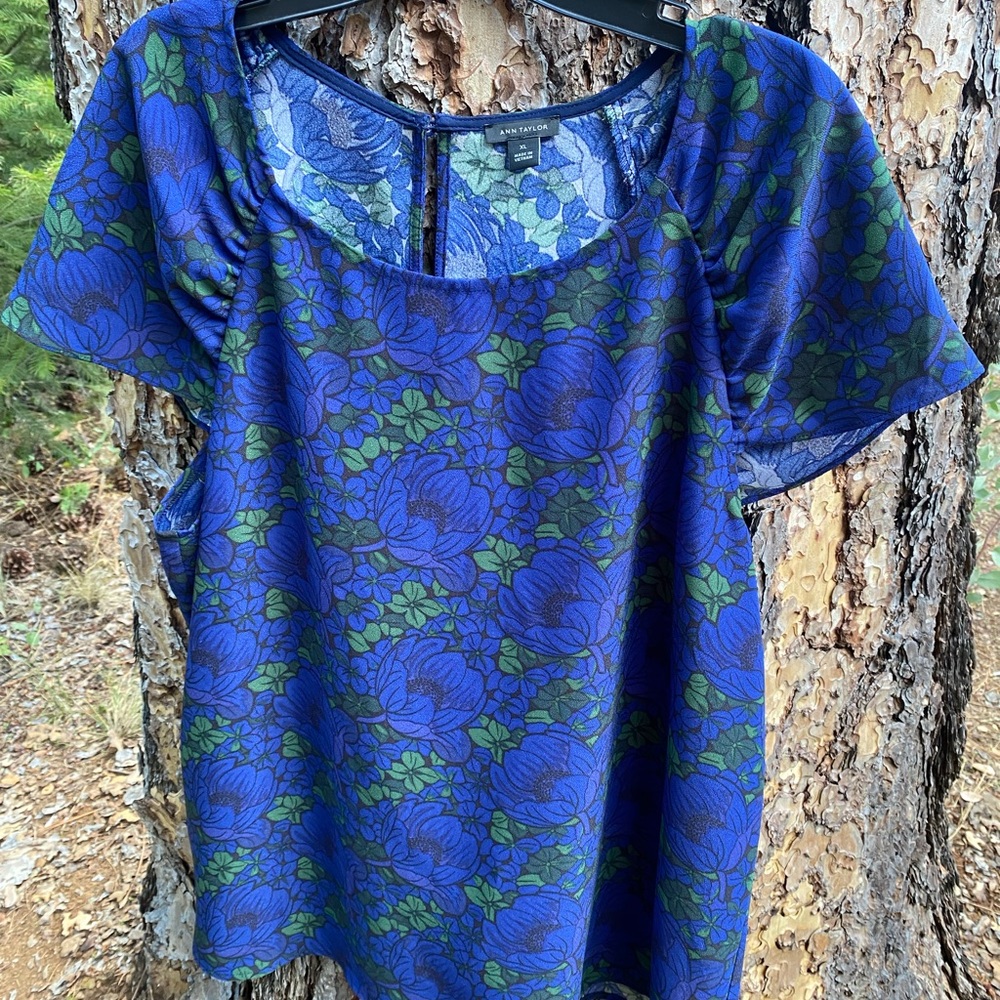 Ann Taylor Blue and Green Floral Blouse